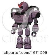 Poster, Art Print Of Mech Containing Grey Alien Style Head And Black Eyes And Heavy Upper Chest And Light Leg Exoshielding Lilac Metal Standing Looking Right Restful Pose