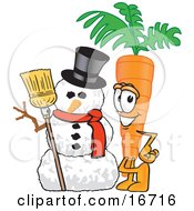 Clipart Picture Of An Orange Carrot Mascot Cartoon Character Standing By A Snowman by Toons4Biz