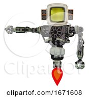 Poster, Art Print Of Droid Containing Old Computer Monitor And Yellow Circle Array Display And Old Retro Speakers And Heavy Upper Chest And No Chest Plating And Jet Propulsion Green Metal