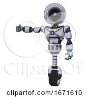 Poster, Art Print Of Droid Containing Cable Connector Head And Light Chest Exoshielding And Blue Energy Core And Unicycle Wheel Blue Tint Toon Arm Out Holding Invisible Object