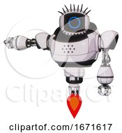 Poster, Art Print Of Mech Containing Digital Display Head And Circle Face And Eye Lashes Deco And Heavy Upper Chest And Jet Propulsion White Halftone Toon Arm Out Holding Invisible Object