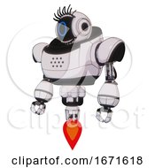 Poster, Art Print Of Mech Containing Digital Display Head And Circle Face And Eye Lashes Deco And Heavy Upper Chest And Jet Propulsion White Halftone Toon Standing Looking Right Restful Pose