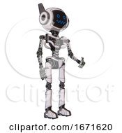 Poster, Art Print Of Android Containing Digital Display Head And Stunned Expression And Winglets And Light Chest Exoshielding And No Chest Plating And Ultralight Foot Exosuit White Halftone Toon Facing Left View