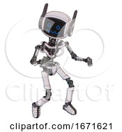 Poster, Art Print Of Android Containing Digital Display Head And Stunned Expression And Winglets And Light Chest Exoshielding And No Chest Plating And Ultralight Foot Exosuit White Halftone Toon Fight Or Defense Pose