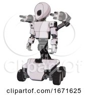 Poster, Art Print Of Mech Containing Grey Alien Style Head And Black Eyes And Light Chest Exoshielding And Prototype Exoplate Chest And Minigun Back Assembly And Six-Wheeler Base White Halftone Toon