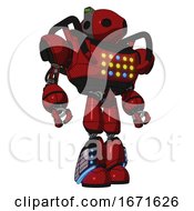 Poster, Art Print Of Automaton Containing Oval Wide Head And Green Led Ornament And Heavy Upper Chest And Colored Lights Array And Light Leg Exoshielding And Megneto-Hovers Foot Mod Dark Red Hero Pose