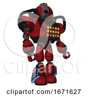 Poster, Art Print Of Automaton Containing Oval Wide Head And Green Led Ornament And Heavy Upper Chest And Colored Lights Array And Light Leg Exoshielding And Megneto-Hovers Foot Mod Dark Red Facing Left View