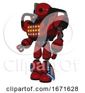 Poster, Art Print Of Automaton Containing Oval Wide Head And Green Led Ornament And Heavy Upper Chest And Colored Lights Array And Light Leg Exoshielding And Megneto-Hovers Foot Mod Dark Red Facing Right View