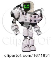 Poster, Art Print Of Droid Containing Old Computer Monitor And Stunned Pixels Face And Heavy Upper Chest And Chest Energy Sockets And Shoulder Headlights And Light Leg Exoshielding White Halftone Toon Hero Pose