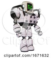 Poster, Art Print Of Droid Containing Old Computer Monitor And Stunned Pixels Face And Heavy Upper Chest And Chest Energy Sockets And Shoulder Headlights And Light Leg Exoshielding White Halftone Toon Facing Left View