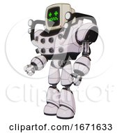 Poster, Art Print Of Droid Containing Old Computer Monitor And Stunned Pixels Face And Heavy Upper Chest And Chest Energy Sockets And Shoulder Headlights And Light Leg Exoshielding White Halftone Toon Facing Right View