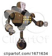 Poster, Art Print Of Robot Containing Humanoid Face Mask And Heavy Upper Chest And Colored Lights Array And Unicycle Wheel Old Copper Interacting