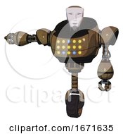 Poster, Art Print Of Robot Containing Humanoid Face Mask And Heavy Upper Chest And Colored Lights Array And Unicycle Wheel Old Copper Arm Out Holding Invisible Object