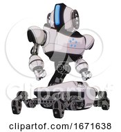 Poster, Art Print Of Automaton Containing Round Head And Large Vertical Visor And Heavy Upper Chest And Circle Of Blue Leds And Insect Walker Legs White Halftone Toon Hero Pose