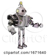 Poster, Art Print Of Cyborg Containing Oval Wide Head And Beady Black Eyes And Minibot Ornament And Heavy Upper Chest And Heavy Mech Chest And Green Cable Sockets Array And Ultralight Foot Exosuit Grunge Sketch Dots