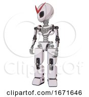 Poster, Art Print Of Robot Containing Grey Alien Style Head And Black Eyes And Light Chest Exoshielding And No Chest Plating And Prototype Exoplate Legs White Halftone Toon Standing Looking Right Restful Pose