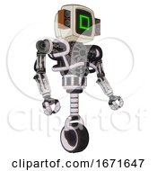 Poster, Art Print Of Cyborg Containing Old Computer Monitor And Pixel Square Design And Old Retro Speakers And Heavy Upper Chest And No Chest Plating And Unicycle Wheel White Halftone Toon Facing Left View