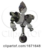 Droid Containing Grey Alien Style Head And Metal Grate Eyes And Alien Bug Creature Hat And Heavy Upper Chest And Heavy Mech Chest And Unicycle Wheel Concrete Grey Metal Hero Pose
