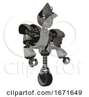 Poster, Art Print Of Droid Containing Grey Alien Style Head And Metal Grate Eyes And Alien Bug Creature Hat And Heavy Upper Chest And Heavy Mech Chest And Unicycle Wheel Concrete Grey Metal Facing Left View