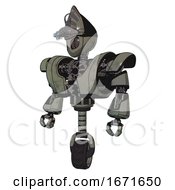 Poster, Art Print Of Droid Containing Grey Alien Style Head And Metal Grate Eyes And Alien Bug Creature Hat And Heavy Upper Chest And Heavy Mech Chest And Unicycle Wheel Concrete Grey Metal