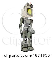 Robot Containing Old Computer Monitor And Pixel Design Of Yellow Happy Face And Old Computer Magnetic Tape And Light Chest Exoshielding And Ultralight Chest Exosuit And Prototype Exoplate Legs