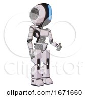 Poster, Art Print Of Bot Containing Round Head And Large Vertical Visor And Light Chest Exoshielding And Ultralight Chest Exosuit And Prototype Exoplate Legs White Halftone Toon Facing Left View