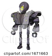 Poster, Art Print Of Bot Containing Grey Alien Style Head And Yellow Eyes With Blue Pupils And Heavy Upper Chest And Heavy Mech Chest And Green Cable Sockets Array And Ultralight Foot Exosuit Light Lavender Metal
