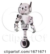 Poster, Art Print Of Bot Containing Round Head And Head Winglets And Light Chest Exoshielding And Prototype Exoplate Chest And Unicycle Wheel And Cat Face White Halftone Toon Hero Pose