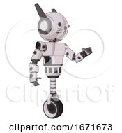 Poster, Art Print Of Bot Containing Round Head And Head Winglets And Light Chest Exoshielding And Prototype Exoplate Chest And Unicycle Wheel And Cat Face White Halftone Toon Interacting