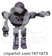 Mech Containing Grey Alien Style Head And Metal Grate Eyes And Heavy Upper Chest And Chest Compound Eyes And Prototype Exoplate Legs Light Lavender Metal Pointing Left Or Pushing A Button