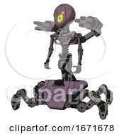 Poster, Art Print Of Android Containing Grey Alien Style Head And Yellow Eyes With Blue Pupils And Light Chest Exoshielding And Minigun Back Assembly And No Chest Plating And Insect Walker Legs Lilac Metal
