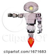 Poster, Art Print Of Robot Containing Yellow Cyclops Dome Head And Light Chest Exoshielding And Prototype Exoplate Chest And Jet Propulsion Sketch Pad Dirty Smudge Arm Out Holding Invisible Object