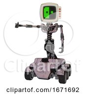 Poster, Art Print Of Bot Containing Old Computer Monitor And Abstract Mask Pixel Face And Red Buttons And Light Chest Exoshielding And No Chest Plating And Six-Wheeler Base Gray Metal Arm Out Holding Invisible Object
