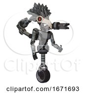 Android Containing Bird Skull Head And Red Line Eyes And Bird Feather Design And Light Chest Exoshielding And Ultralight Chest Exosuit And Minigun Back Assembly And Unicycle Wheel