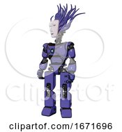 Poster, Art Print Of Android Containing Humanoid Face Mask And Spiral Design And Light Chest Exoshielding And Blue Energy Core And Prototype Exoplate Legs Primary Blue Halftone Standing Looking Right Restful Pose