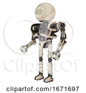 Poster, Art Print Of Android Containing Dots Array Face And Heavy Upper Chest And No Chest Plating And Ultralight Foot Exosuit Off White Toon Facing Right View