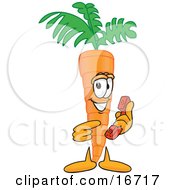 Clipart Picture Of An Orange Carrot Mascot Cartoon Character Pointing To A Red Telephone by Toons4Biz