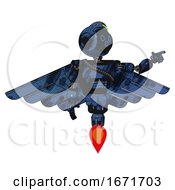 Poster, Art Print Of Cyborg Containing Digital Display Head And Woo Expression And Green Led Array And Light Chest Exoshielding And Rubber Chain Sash And Pilots Wings Assembly And Jet Propulsion Grunge Dark Blue