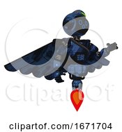 Poster, Art Print Of Cyborg Containing Digital Display Head And Woo Expression And Green Led Array And Light Chest Exoshielding And Rubber Chain Sash And Pilots Wings Assembly And Jet Propulsion Grunge Dark Blue