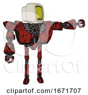 Poster, Art Print Of Cyborg Containing Old Computer Monitor And Yellow Circle Array Display And Heavy Upper Chest And Heavy Mech Chest And Ultralight Foot Exosuit Grunge Dots Cherry Tomato Red