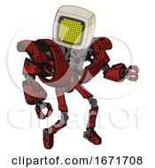 Poster, Art Print Of Cyborg Containing Old Computer Monitor And Yellow Circle Array Display And Heavy Upper Chest And Heavy Mech Chest And Ultralight Foot Exosuit Grunge Dots Cherry Tomato Red Fight Or Defense Pose