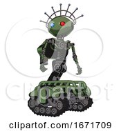 Poster, Art Print Of Robot Containing Oval Wide Head And Giant Blue And Red Led Eyes And Techno Halo Ornament And Light Chest Exoshielding And Rocket Pack And No Chest Plating And Tank Tracks Grass Green Hero Pose