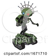 Robot Containing Oval Wide Head And Giant Blue And Red Led Eyes And Techno Halo Ornament And Light Chest Exoshielding And Rocket Pack And No Chest Plating And Tank Tracks Grass Green
