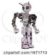 Poster, Art Print Of Mech Containing Grey Alien Style Head And Green Demon Eyes And Bug Antennas And Heavy Upper Chest And No Chest Plating And Prototype Exoplate Legs Sketch Pad Light Hero Pose