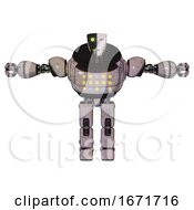 Robot Containing Humanoid Face Mask And Two Face Black White Mask And Heavy Upper Chest And Colored Lights Array And Prototype Exoplate Legs Gray Metal T Pose
