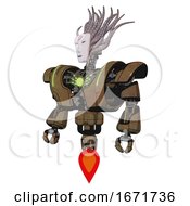 Poster, Art Print Of Cyborg Containing Humanoid Face Mask And Red Slashes War Paint And Heavy Upper Chest And Heavy Mech Chest And Green Energy Core And Jet Propulsion Old Copper Standing Looking Right Restful Pose