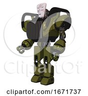Poster, Art Print Of Bot Containing Humanoid Face Mask And Die Robots Graffiti Design And Heavy Upper Chest And Chest Vents And Prototype Exoplate Legs Army Green Halftone Facing Right View