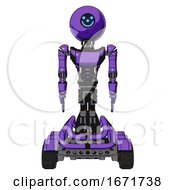 Poster, Art Print Of Mech Containing Dual Retro Camera Head And Small Happy Face Round Head And Light Chest Exoshielding And Ultralight Chest Exosuit And Six-Wheeler Base Secondary Purple Halftone Front View