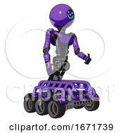 Poster, Art Print Of Mech Containing Dual Retro Camera Head And Small Happy Face Round Head And Light Chest Exoshielding And Ultralight Chest Exosuit And Six-Wheeler Base Secondary Purple Halftone Facing Left View