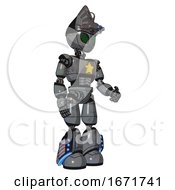 Poster, Art Print Of Robot Containing Grey Alien Style Head And Led Array Eyes And Alien Bug Creature Hat And Light Chest Exoshielding And Yellow Star And Light Leg Exoshielding And Megneto-Hovers Foot Mod
